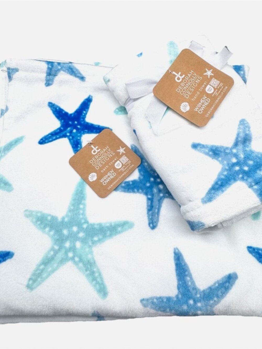 4pc Deborah Connolly Blue Turquoise Starfish 2 Bath Hand Towel Set Velour Beach